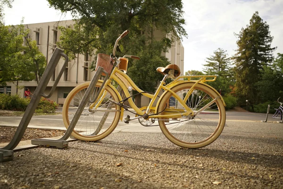 Vélo verrouillé à un support à vélos sur un campus universitaire